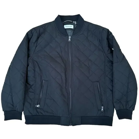 Calvin Klein Men’s Black Zipper Front Rib-Knit Trim Quilted Jacket XL
